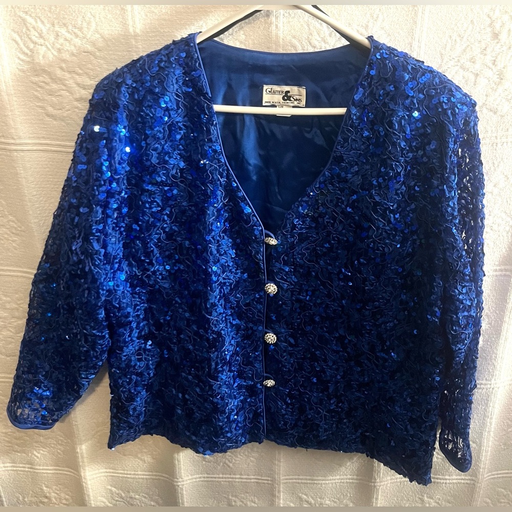 Vintage Glatter & Sims Sequined Blue Long Sleeve Cropped Jacket Size 22